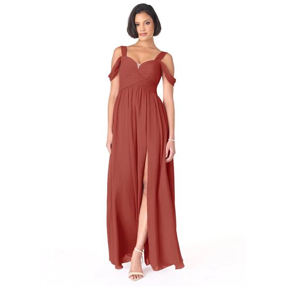 Azazie Lianne Terracotta size A6 A-Line Off the Shoulder Chiffon Dress - Picture 1 of 9